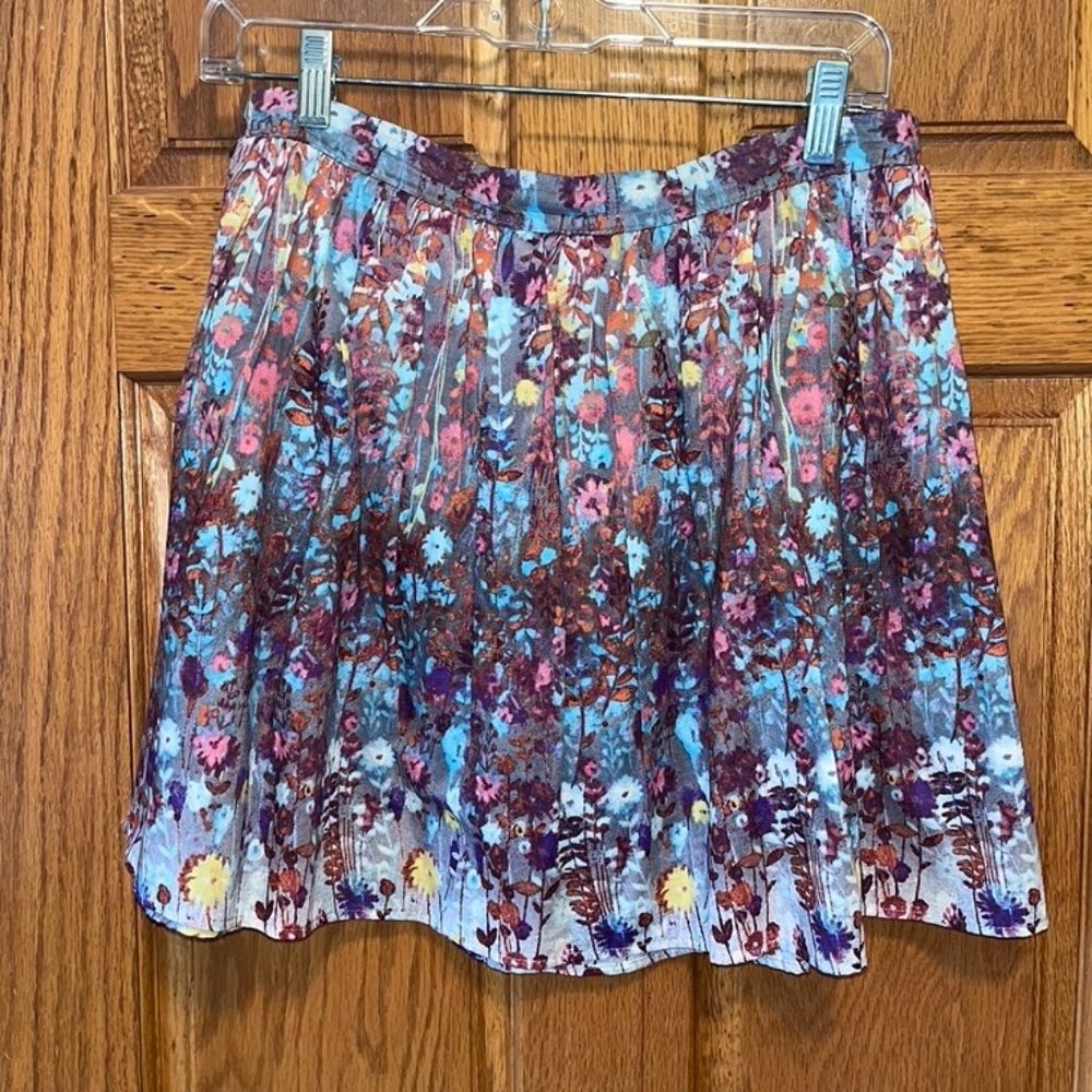 Lily White Blue Floral Mini Pleated A-Line Full Skirt Lined Lg